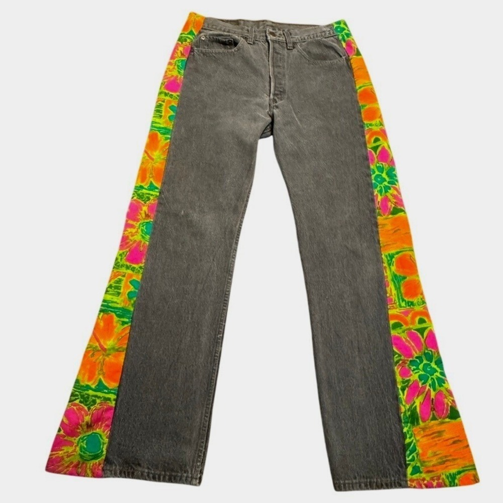 VTG Levis 501 XX Flare Jeans Upcycled 31x34 Grovy Festival Retro Denim‎ Floral